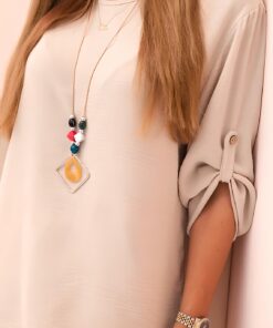 Damsky komplet s halenkou s nahrdelnikem a sirokymi nohavicemi bezovy detail