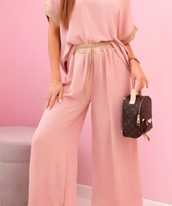 Viskozovy komplet se zlatym lemovanim tmave pudrove ruzova